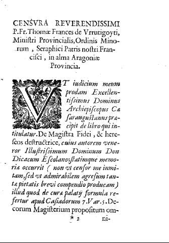 Censura Reverendissimi P. Fr. Thomae Frances de Vrrutigoyti, Ministri Provincialis, Ordinis Minorum, Seraphici Patris nostri  Francisci, in alma aragoniae Provincia.
