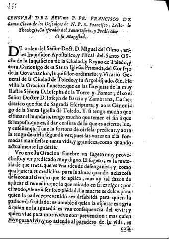 CENSURA DEL REV.mo. P. FR. FRANCISCO DE SANTA CLARA DE LOS DESCALZOS DE N.P.S. Francisco, Lector de Theologia, Calificador del Santo Oficio, y predicador de su Magestad.