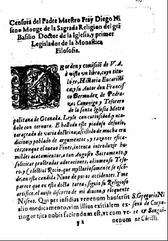 Censura del Padre Maestro Fray Diego Niseno Monge de la Sagrada Religion del Gran Basilio Doctor de la Iglesia, y Primer Legislador de la Monastica Filosofia.