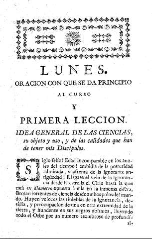 LUNES ORACION CON QUE SE DA PRINCIPIO AL CURSO Y PRIMERA LECCION. IDEA GENERAL DE LAS CIENCIAS, ...