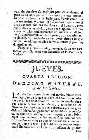 JUEVES. QUARTA LECCION. DERECHO NATURAL, y de las Gentes.