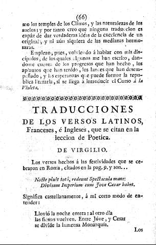 TRADUCCIONES DE LOS VERSOS LATINOS, franceses, e ingleses, que se citan en la leccion de Poetica. De Virgilio.