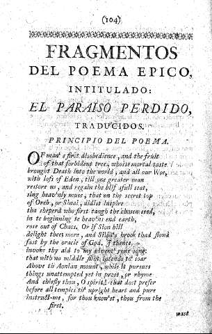 FRAGMENTOS DEL POEMA EPICO INTITULADO: EL PARAISO PERDIDO, TRADUCIDOS. PRINCIPIO DEL POEMA.