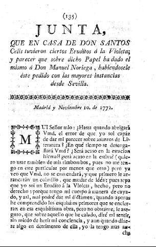 JUNTA, QUE EN CASA DE DON SANTOS Celis tuvieron ciertos Eruditos a la Violeta ...