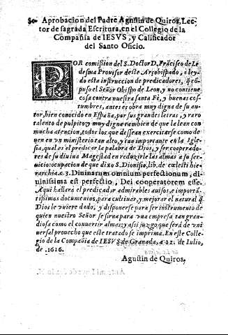 Aprobacion del Padre Agustin de Quiros, Lector de Sagrada Escritura, en el Collegio de la Compañia de IESUS, y Calificador del Santo Oficio.