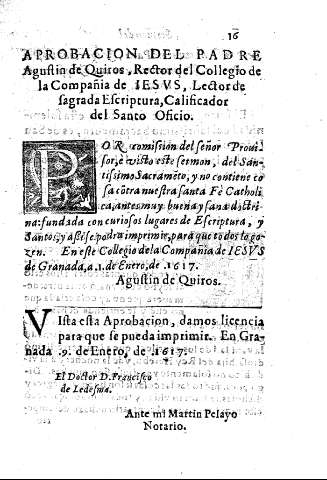 APROBACION DEL PADRE Agustin de Quiros, Rector del Collegio de la Compañia de IESUS. 