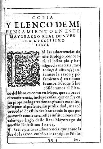 Copia y elenco de mi pensamiento en este Mayorazgo Real de nuestro Dulcissimo Iesus.