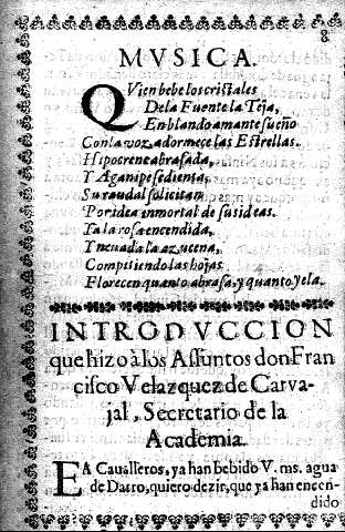 Introduccion que hizo a los assuntos don Francisco Velazquez de Carvajal, Secretario de la Academia.