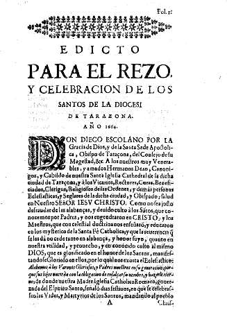 Edicto para el rezo y celebracion de los Santos de la Diocesi de Tarazona. Año 1664.