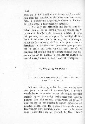 CLXXXI. Del razonamiento que el Gran Capitán hizo a los suyos