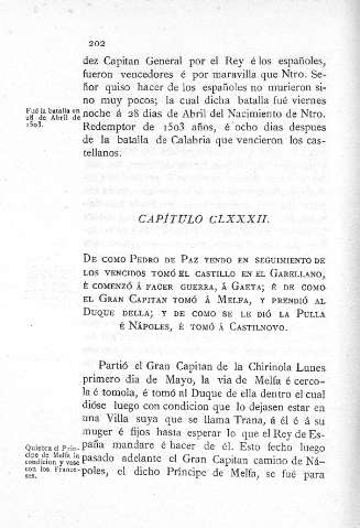 CLXXXII. De como Pedro de Paz yendo en seguimiento de los vencidos tomó el castillo en el Garellano... 