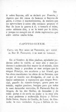 CCXXIX. Carta del Rey moro de Tremezen, que envió al Rey D. Fernando, é se hizo su vasallo 