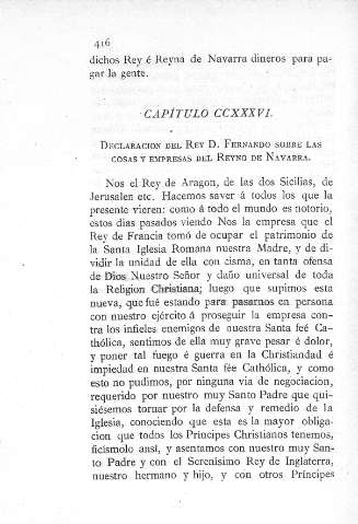 CCXXXVI. Declaración del Rey D. Fernando sobre las cosas y empresas del Reyno de Navarra