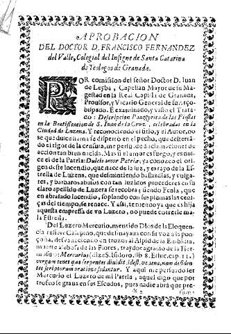 Aprobacion del Doctor D. Francisco Fernandez del Valle, Colegial del Insigne de Santa Catarina de Teologos de Granada
