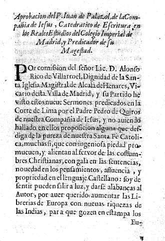Aprobacion del P. Iuan de Palazol, de la Compañia de Iesus ...