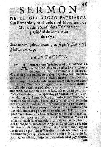 Sermon de el Glorioso Patriarca San Bernardo, predicado en el Monasterio de monjas de la Santissima Trinidad de la Ciudad de Lima. Año de 1672.