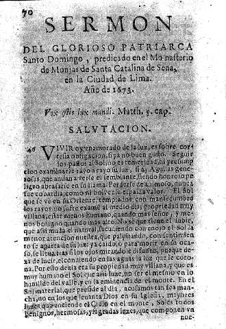 Sermon del Glorioso patriarca Santo Domingo, predicado en el Monasterio de Monjas de Santa Catalina de Sena, en la Ciudad de Lima. Año de 1673.