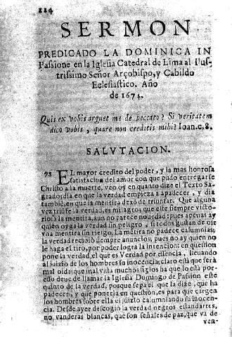 Sermon predicado la Dominica inpasione en la Iglesia cathedral de lima al Iustrissimo Señor Arçobispo, y Cabildo eclesiastico. Año de 1674.
