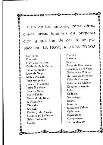 Lista de los autores, entre otros, cuyas obras tenemos en preparación y que han de ver la luz pública en La Novela para Todos