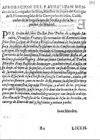 Aprobacion del Padre Ioan Mendez de la Compañia de Iesus, ...