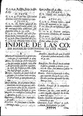 Indice de las cosas notables contenidas en este Primer Tomo