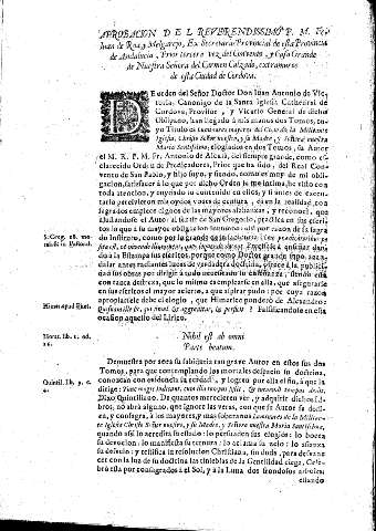 Aprobacion del Reverendissimo P. M. Fray Iuan de Roa y Melgarejo