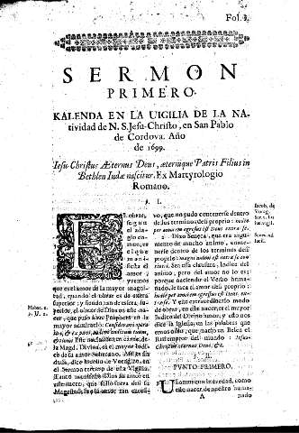 Sermon Primero. Kalenda en la uigilia de la Natividad de N.S. Jesu-Christo, en San Pablo de Cordova. Año 1699