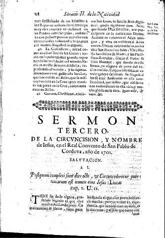 Sermon Tercero. De la Circvncision y Nombre de Iesus, en el Real Convento de San Pablo de Cordova, año de 1702