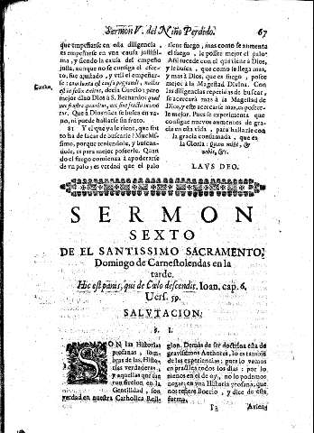 Sermon Sexto. De el Santissimo Sacramento. Domingo de Carnestolendas en la tarde