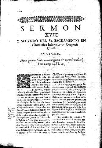 Sermon XVIII y Segvndo del Ss. Sacramento En la Dominica Infraoctavas Corporis Christi