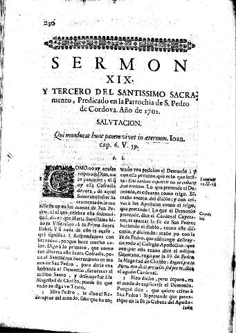 Sermon XIX y Tercero del Santissimo Sacramento. Predicado en la Parrochia de S. Pedro de Cordova. Año de 1702
