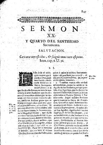 Sermon XX y Qvarto del Santissimo Sacramento
