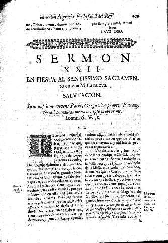 Sermon XXII. En Fiesta al Santissimo Sacramento en vna Missa nueva