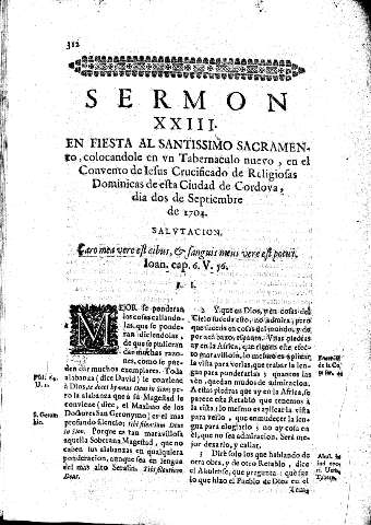 Sermon XXIII. En Fiesta al Santissimo Sacramento, colocandole en vn Tabernaculo nuevo, en el Convento de Iesus Crucificado de Religiosas Dominicas de esta Ciudad de Cordova, dia dos de Septiembre de 1704