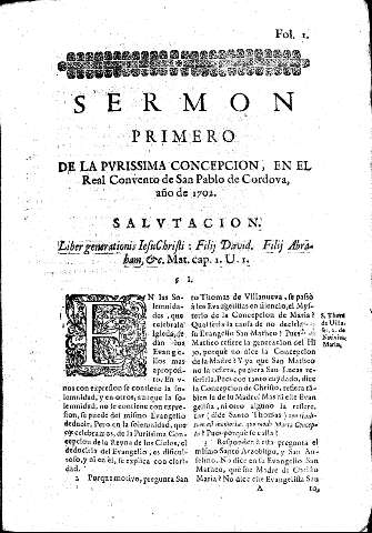 Sermon Primero. De la Pvrissima Concepcion, en el Real Convento de San Pablo de Cordova, año de 1702