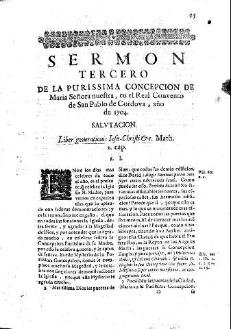 Sermon Tercero. De la Purissima Concepcion de Maria Señora nuestra, en el Real Convento de San Pablo de Cordova, año de 1704