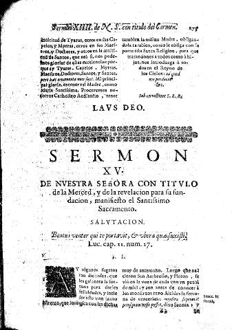 Sermon XV. De Nvestra Señora con Titvlo de la Merced, y de la revelacion para su fundacion, manifiesto el Santissimo Sacramento