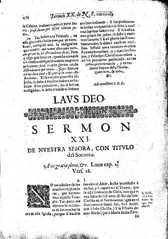 Sermon XXI. De Nvestra Señora con titvlo de Socorro