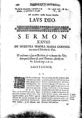 Sermon XXVIII. De Nvestra Señora Maria Santissima con el Titvlo de Paz