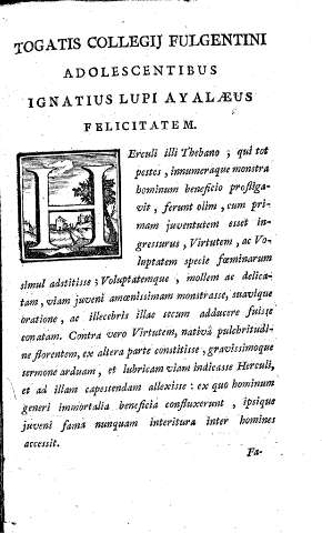 Togatis collegij fulgentini adolescentibus Ignatius Lupi Ayalaeus felicitatem