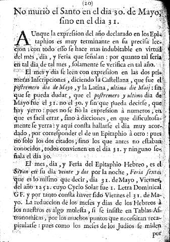 No murió el Santo en el dia 30 de Mayo, sino en el dia 31
