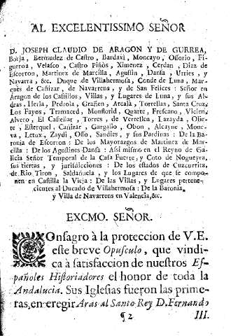 Al excelentissimo señor d. Joseph Claudio de Aragon y de Guerra