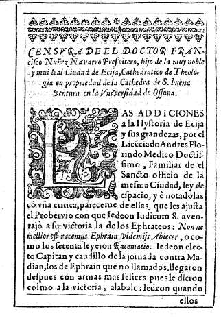 Censura de el Doctor Francisco Nuñez Navarro Presvitero, hijo de la muy noble y mui leal Ciudad de Ecija, ...