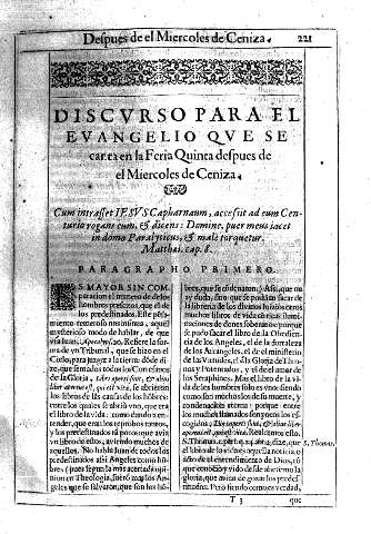 Discurso para el Evangelio que se canta en la Feria Quinta despues de el Miercoles de Ceniza