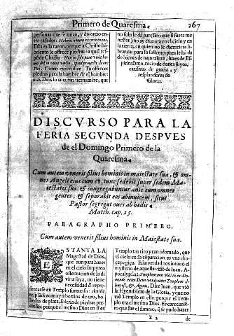 Discurso para la feria segunda despues de el Domingo Primero de la Quaresma