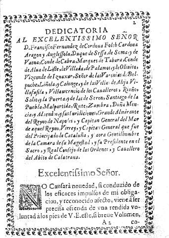 Dedicatoria al Excelentissimo Señor D. Francisco de Cordova Folch Cardona Aragon ...