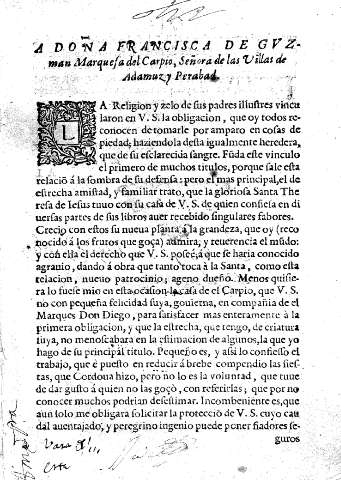 A Doña Francisca de Guzman Marquesa del Carpio, Señora de las Villas de Adamuz y Perabad