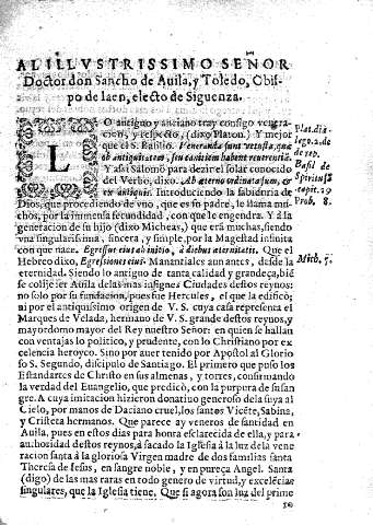 Al ilustrisimo Señor Doctor don Sancho de Avila, y Toledo, Obispo de Iaen, electo de Siguenza