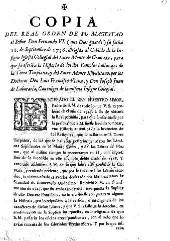Copia del Real Orden de su magestad el Señor Don Fernando VI ...
