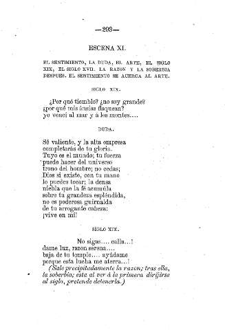 Escena XI. El Sentimiento, la Duda, el Arte, el Siglo XIX, el Siglo XVII. La Razón y la Soberbia después. El Sentimiento se acerca al Arte